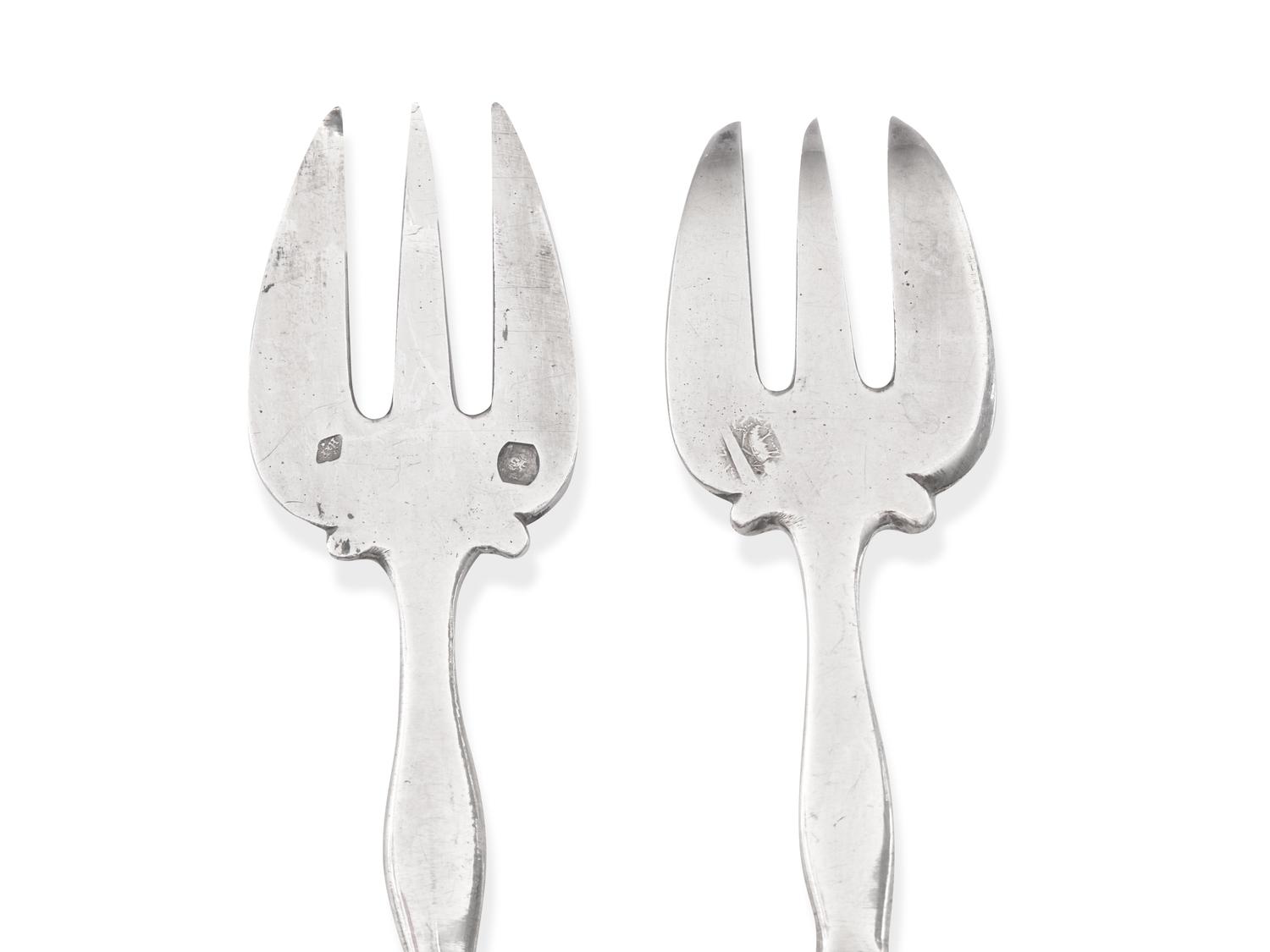 A Set of Twelve French Silver "Baguette and Shield" Oyster Forks