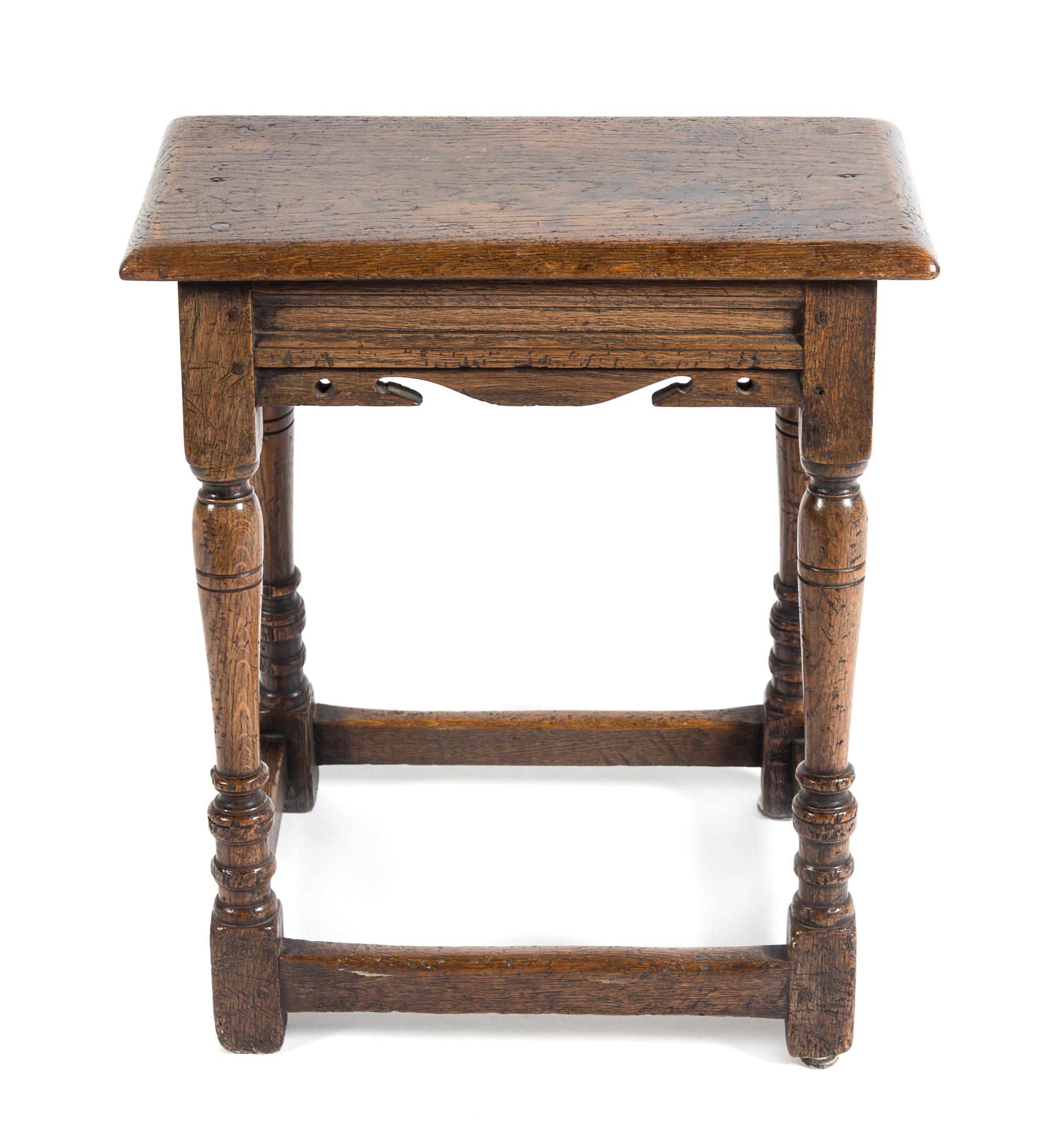 A Jacobean Style Oak Stool Height 22 3/4 x width 19 3/4 x depth 9 7/8 inches. — 20TH CENTURY