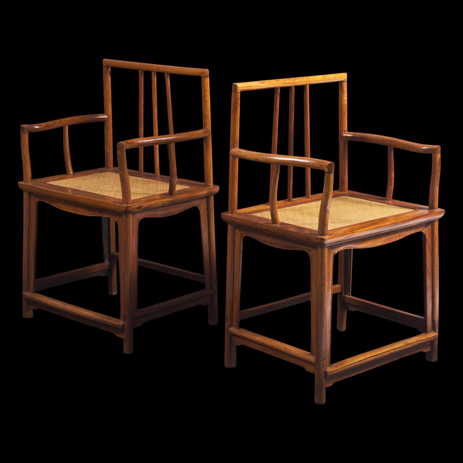 A Pair of Chinese Huanghuali Armchairs, Meiguiyi, 17th/18th Century and With Later Elements 清中期 黃花梨玫瑰椅一对