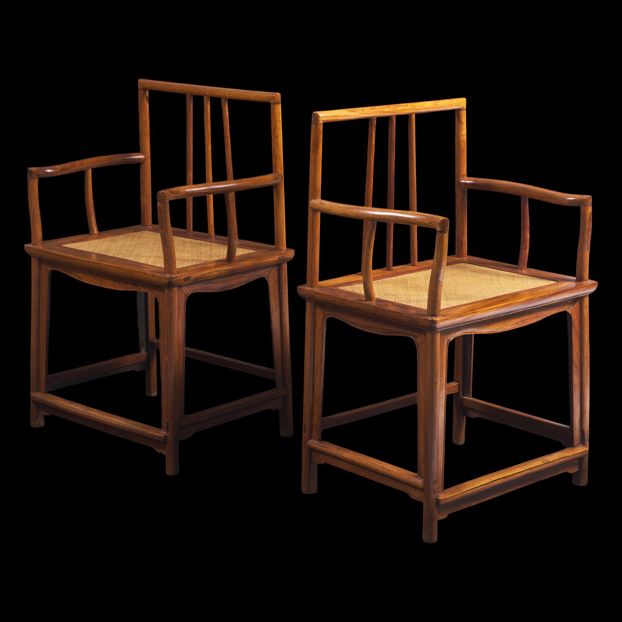 A Pair of Chinese Huanghuali Armchairs, Meiguiyi, 17th/18th Century and With Later Elements 清中期 黃花梨玫瑰椅一对