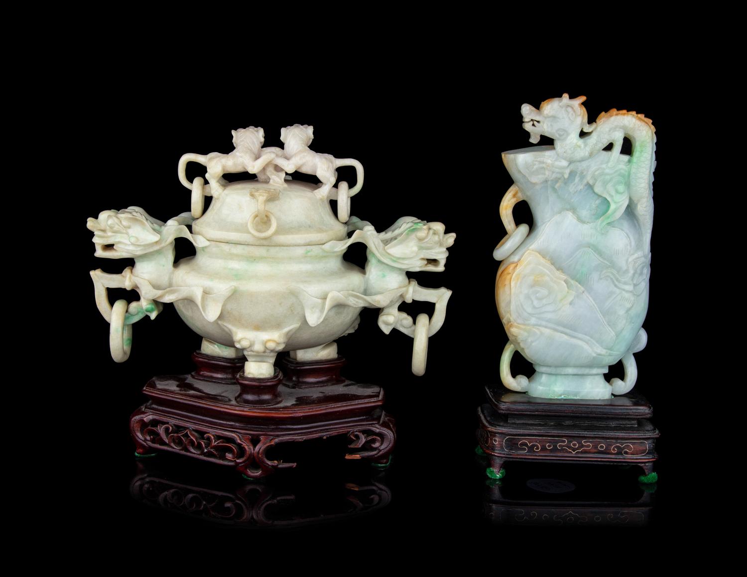 Two Carved Jadeite Covered Vessels