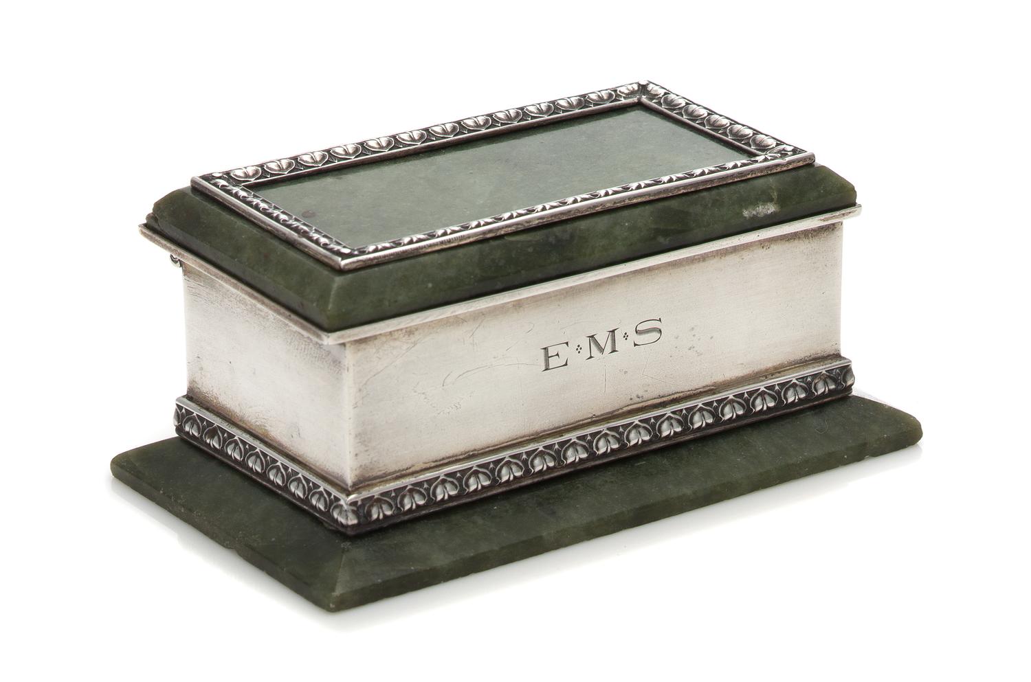 An American Silver and Hardstone Mounted Stamp Box, Lebkuecher & Co., Newark, NJ, Late 19th/Early 20th Century, having a hardstone lid