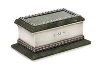 An American Silver and Hardstone Mounted Stamp Box, Lebkuecher & Co., Newark, NJ, Late 19th/Early 20th Century, having a hardstone lid