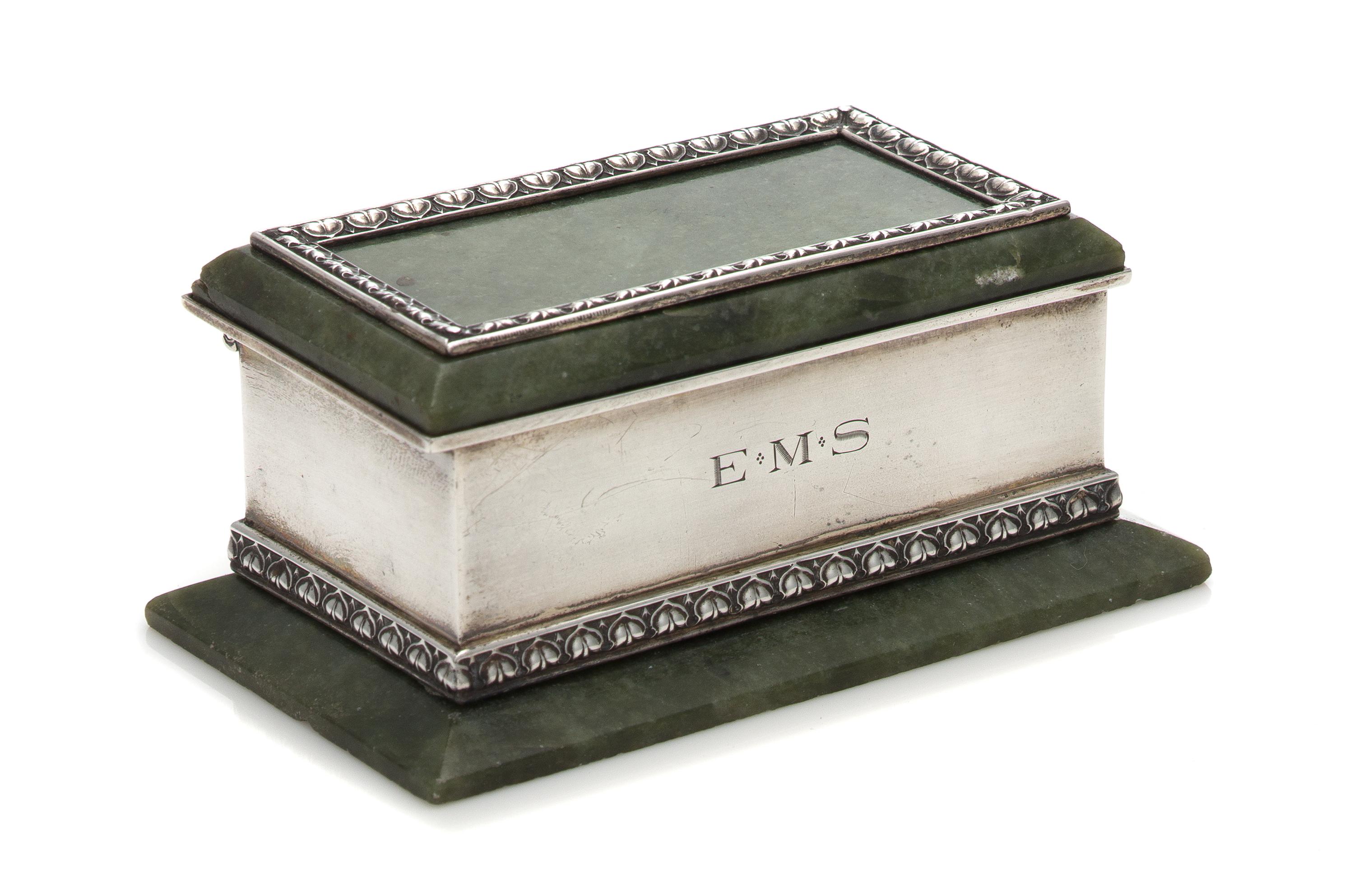 An American Silver and Hardstone Mounted Stamp Box, Lebkuecher & Co., Newark, NJ, Late 19th/Early 20th Century, having a hardstone lid