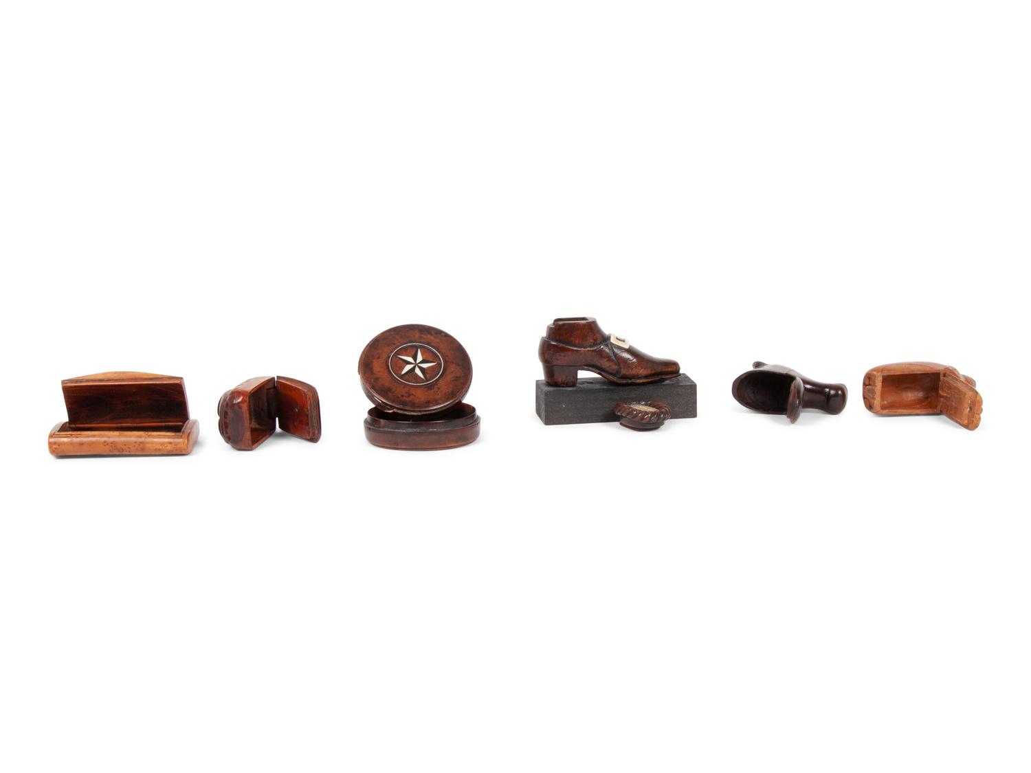 A Group of 8 Folk Art Carved Snuff Boxes and Pipe Stems