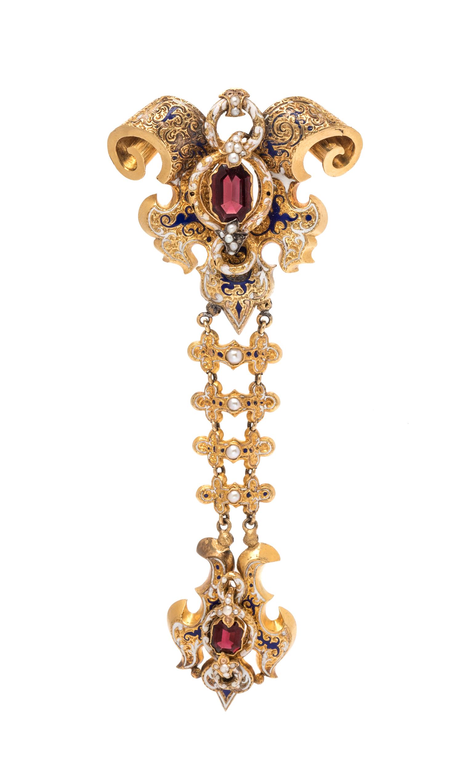 An Early Victorian, Yellow Gold, Garnet, Polychrome Enamel and Seed Pearl Brooch,