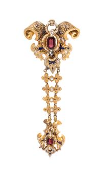 An Early Victorian, Yellow Gold, Garnet, Polychrome Enamel and Seed Pearl Brooch,