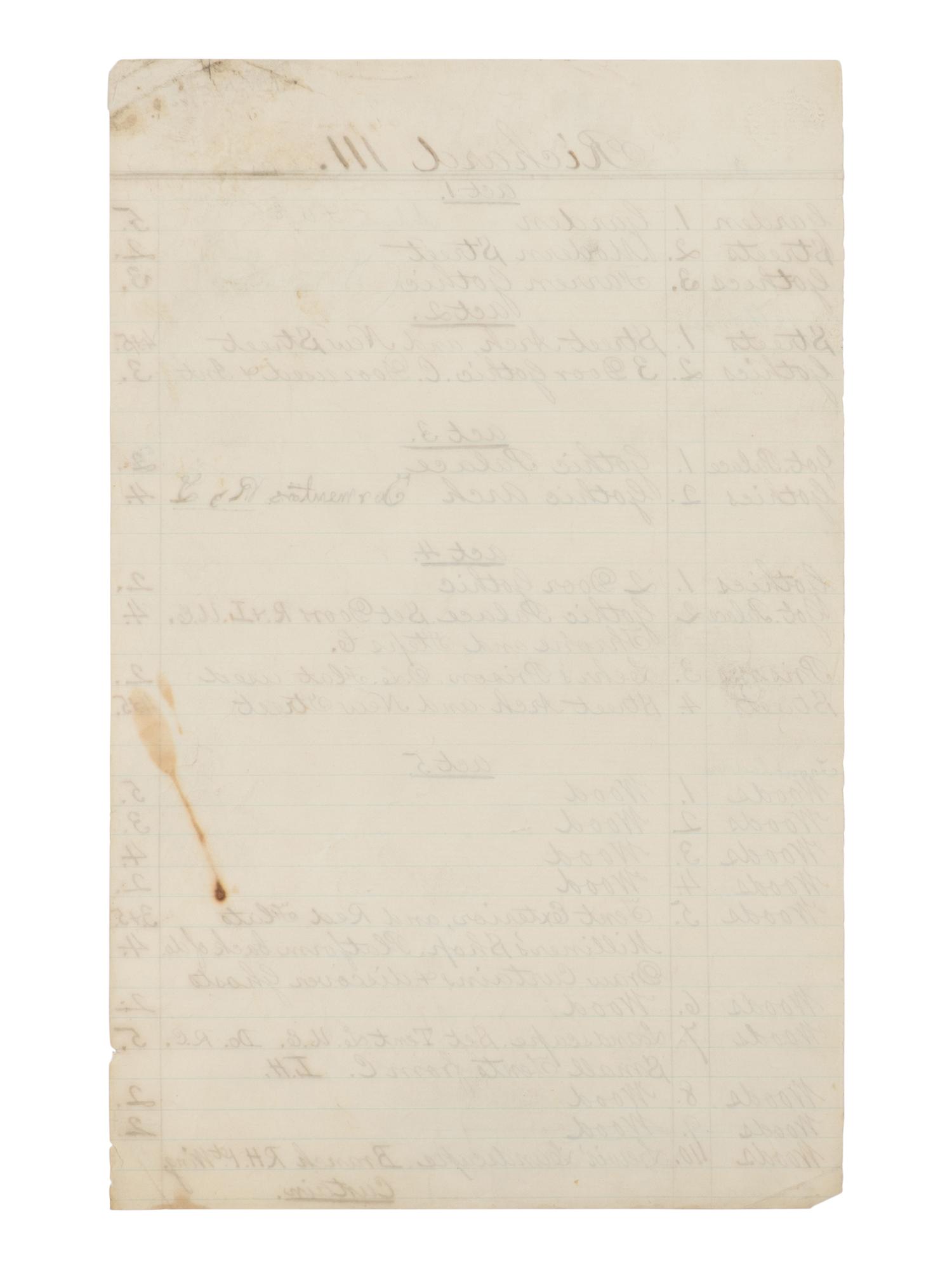 [BOOTH, John Wilkes (1838-1865)]. A group of 5 manuscript scenery lists for plays in which John Wilkes Booth performed, ca 1862-1864.