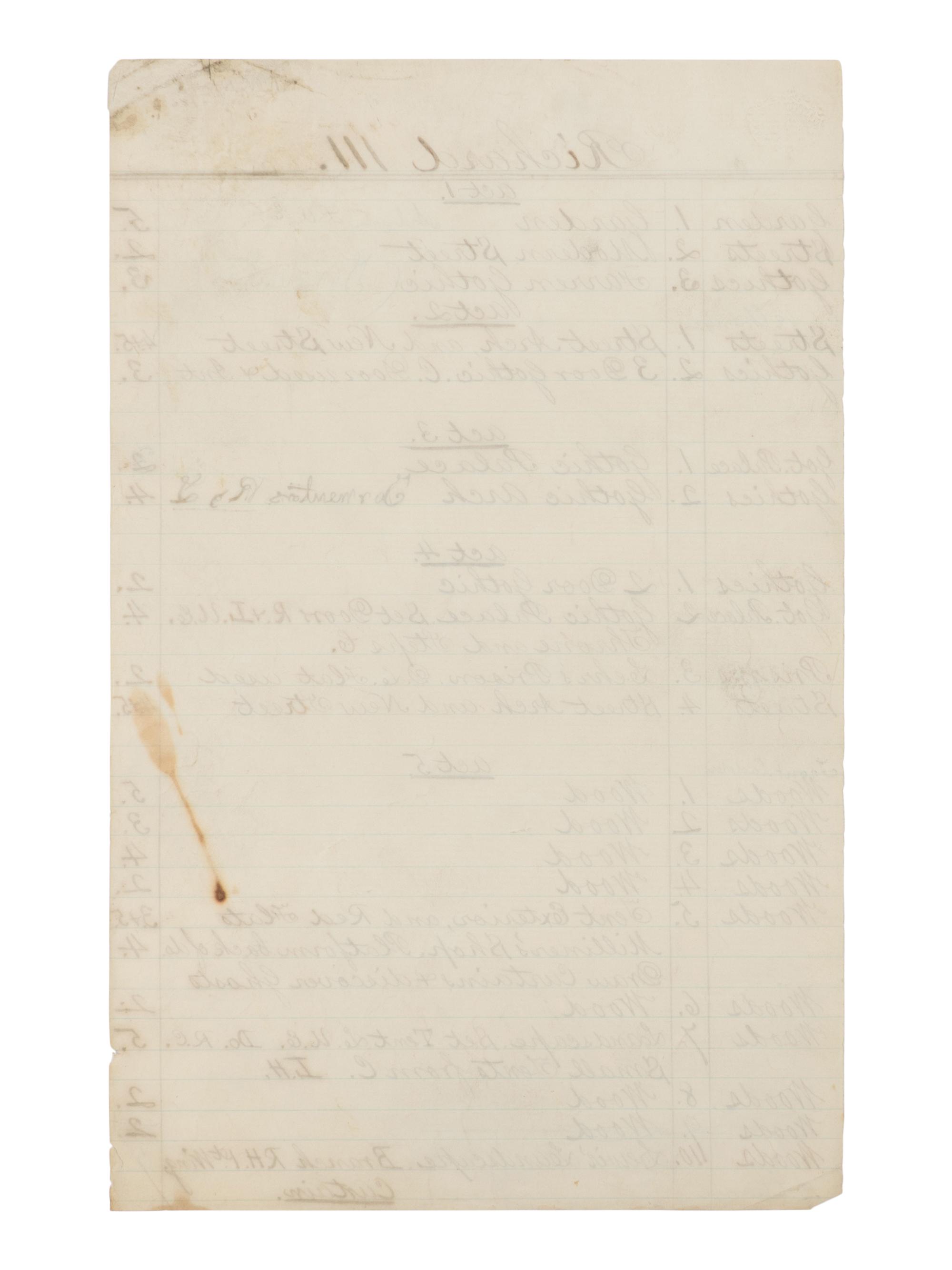 [BOOTH, John Wilkes (1838-1865)]. A group of 5 manuscript scenery lists for plays in which John Wilkes Booth performed, ca 1862-1864.