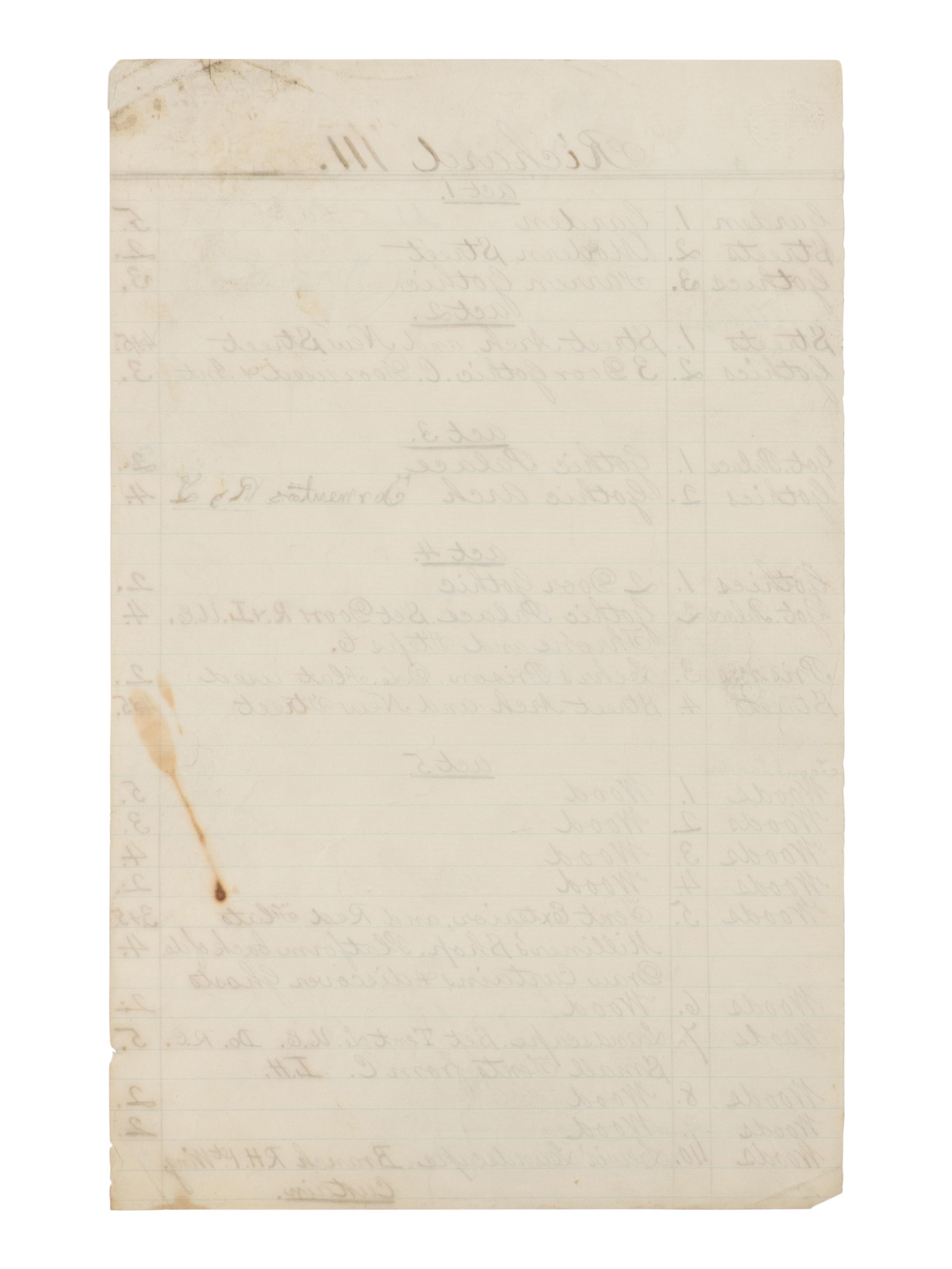 [BOOTH, John Wilkes (1838-1865)]. A group of 5 manuscript scenery lists for plays in which John Wilkes Booth performed, ca 1862-1864.