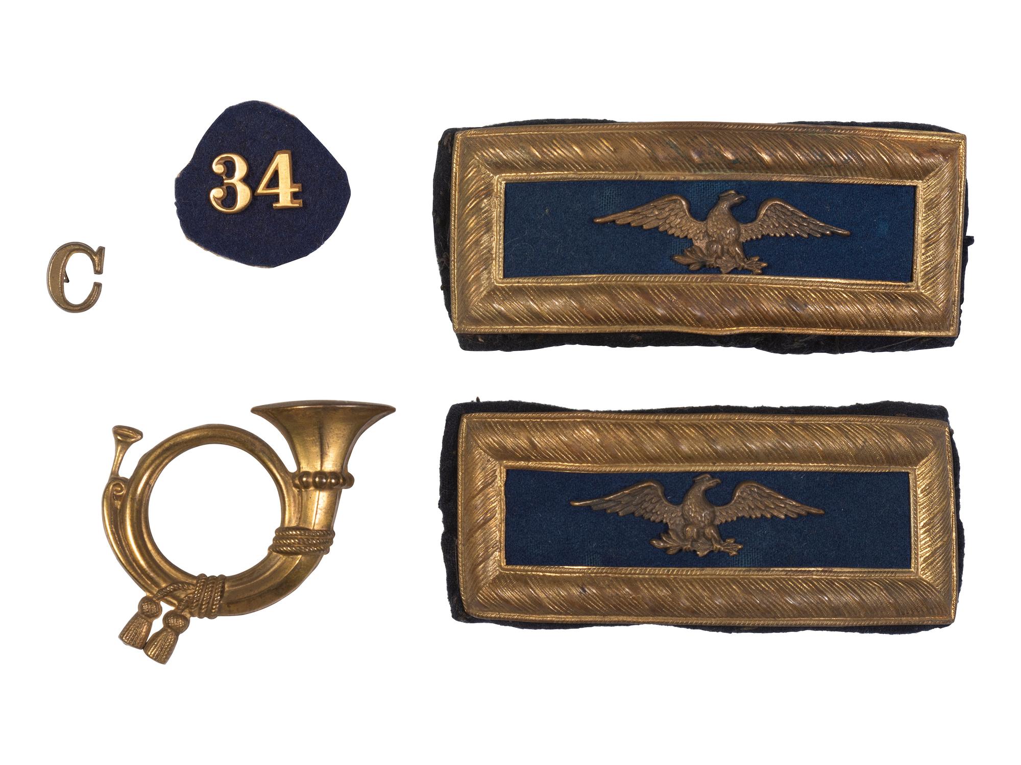 [CIVIL WAR] Colonel's shoulder straps & insignia attrib. to 34th MA Inf., with commemorative display