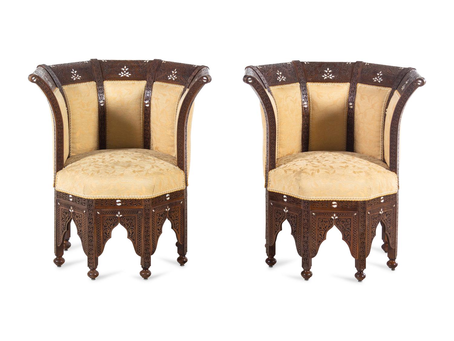 A Pair of Syrian Mother-of-Pearl Inlaid Walnut Chairs in the Art Deco Taste — 20TH CENTURY