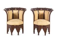 A Pair of Syrian Mother-of-Pearl Inlaid Walnut Chairs in the Art Deco Taste — 20TH CENTURY