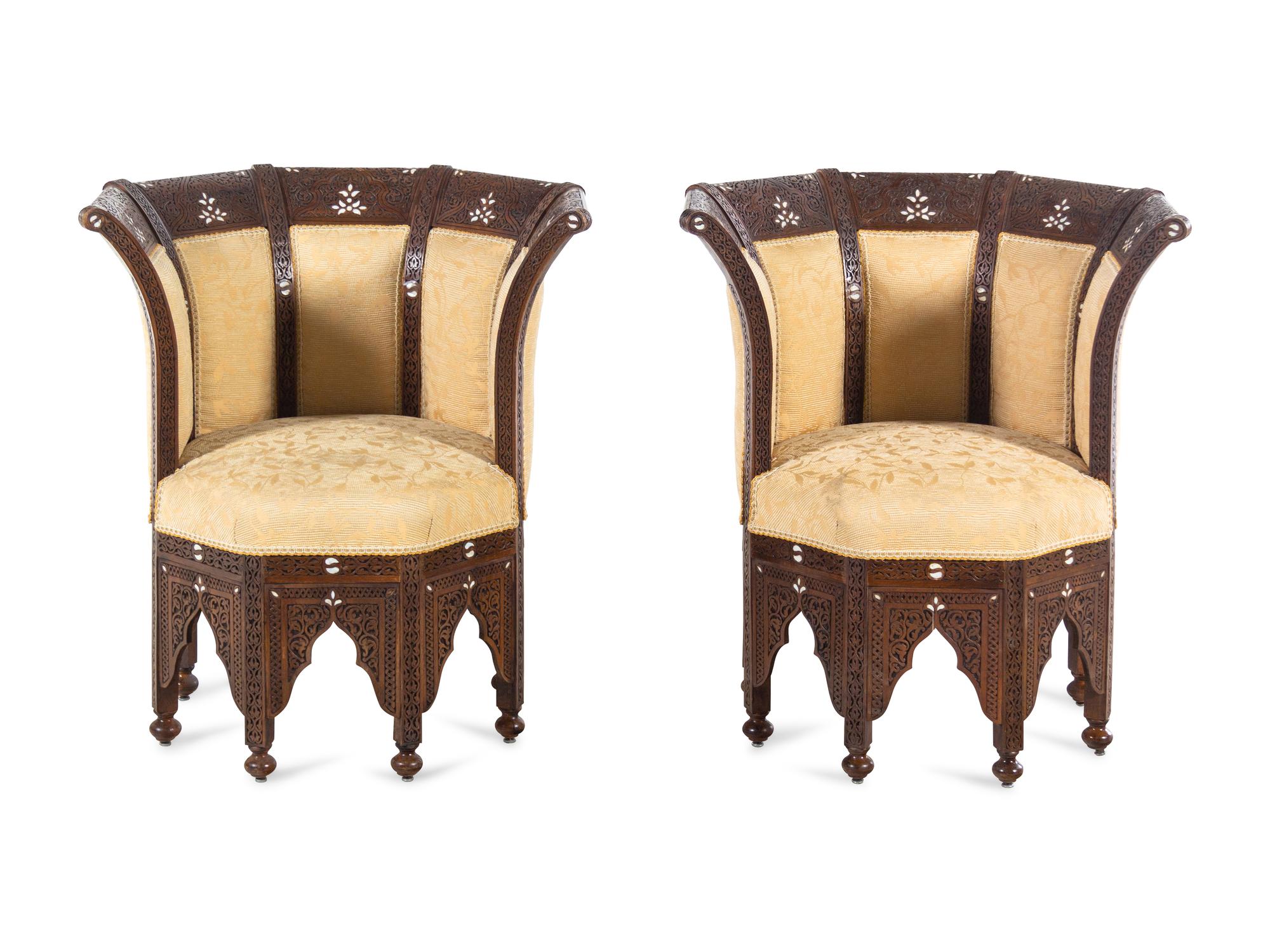 A Pair of Syrian Mother-of-Pearl Inlaid Walnut Chairs in the Art Deco Taste — 20TH CENTURY