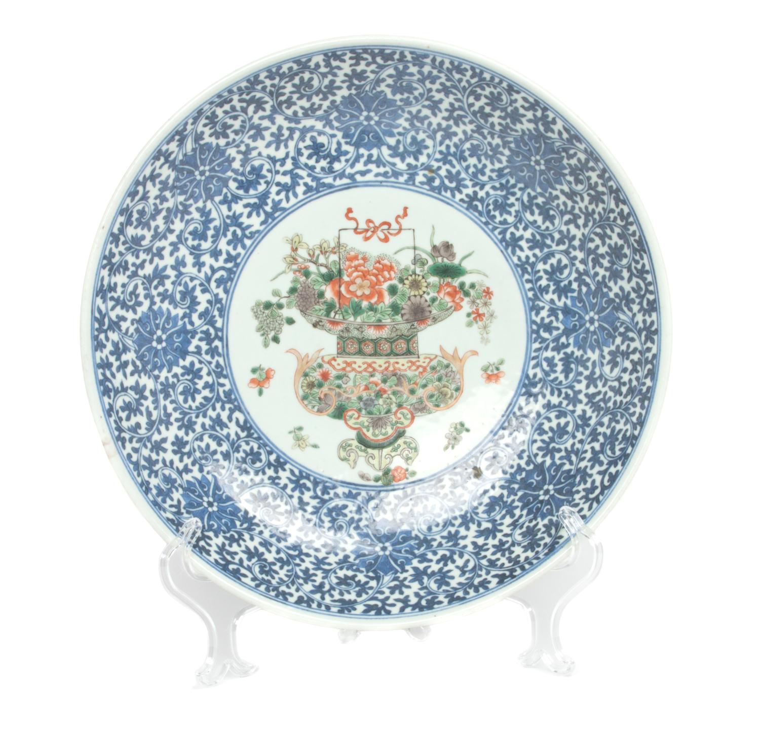 A Chinese Blue and White and Wucai Porcelain Charger Diameter 13 1/2 inches.