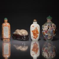 Four Chinese Porcelain Snuff Bottles, Qing Dynasty to Republic Period — 清-民國 粉彩、礬紅彩鼻烟壺四支
