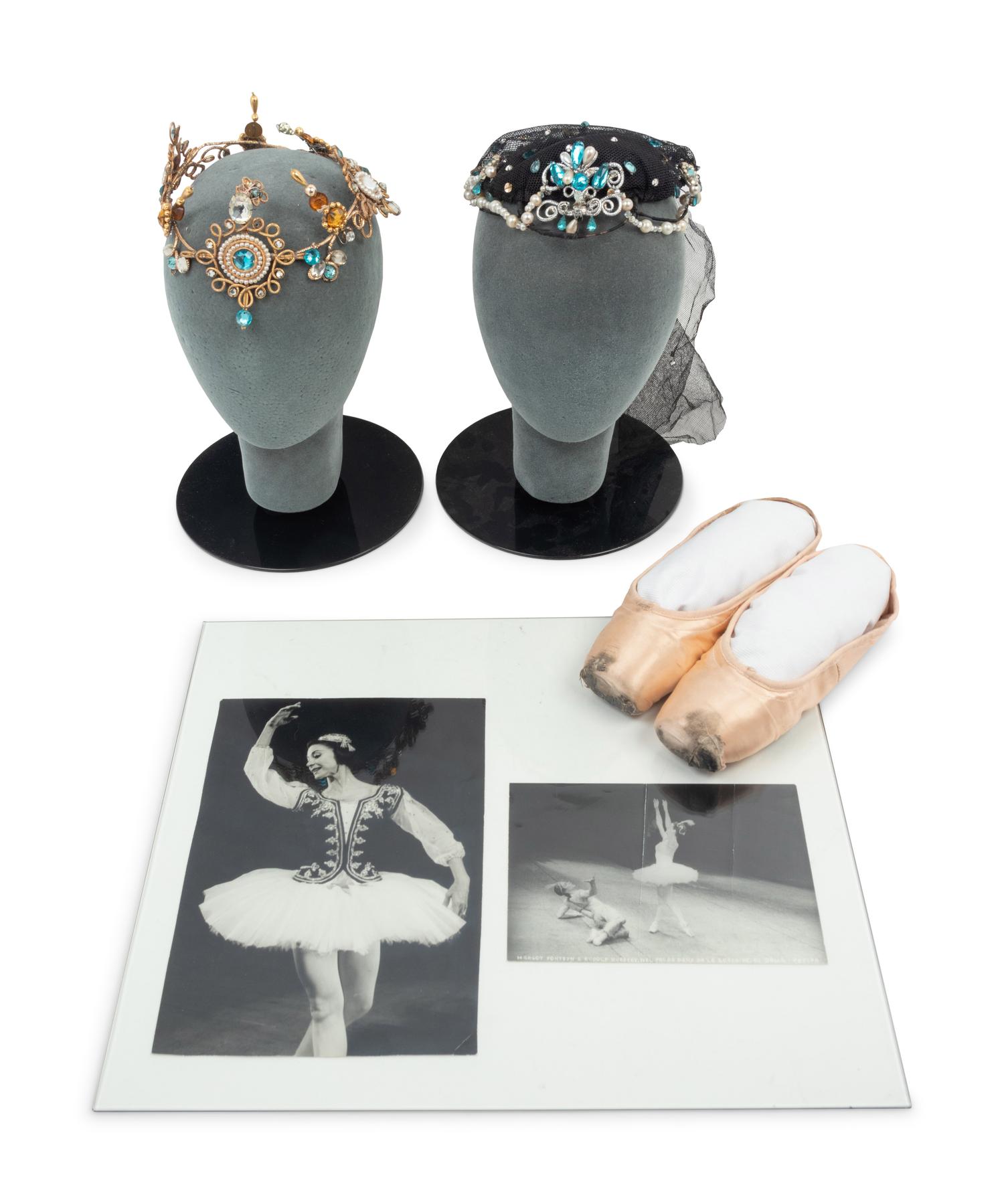 Collection of Margot Fonteyn Items: A Pair of Pointe Shoes, Two Head Pieces, Two Photographic Prints, 1960s