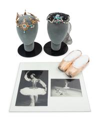 Collection of Margot Fonteyn Items: A Pair of Pointe Shoes, Two Head Pieces, Two Photographic Prints, 1960s