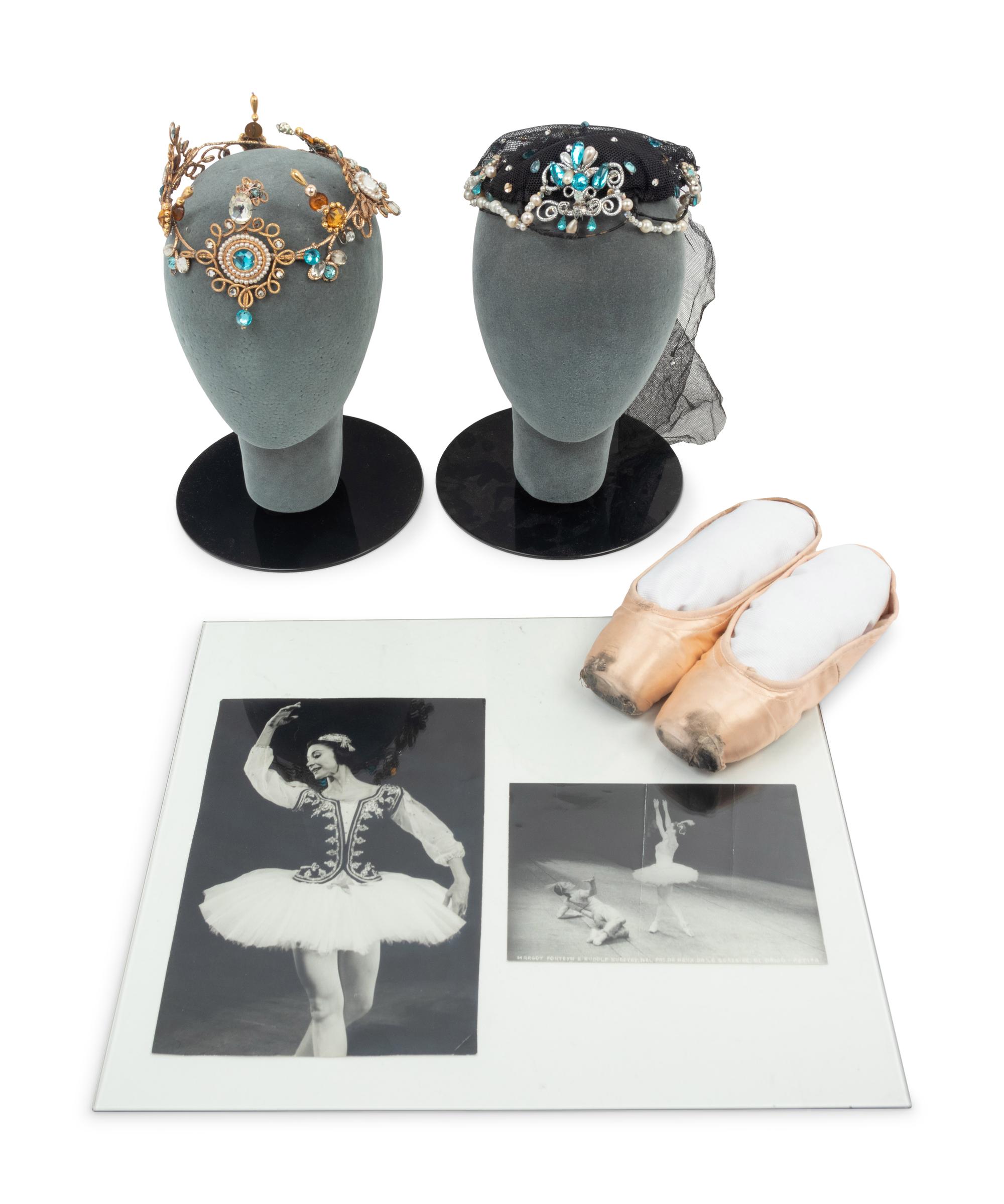 Collection of Margot Fonteyn Items: A Pair of Pointe Shoes, Two Head Pieces, Two Photographic Prints, 1960s