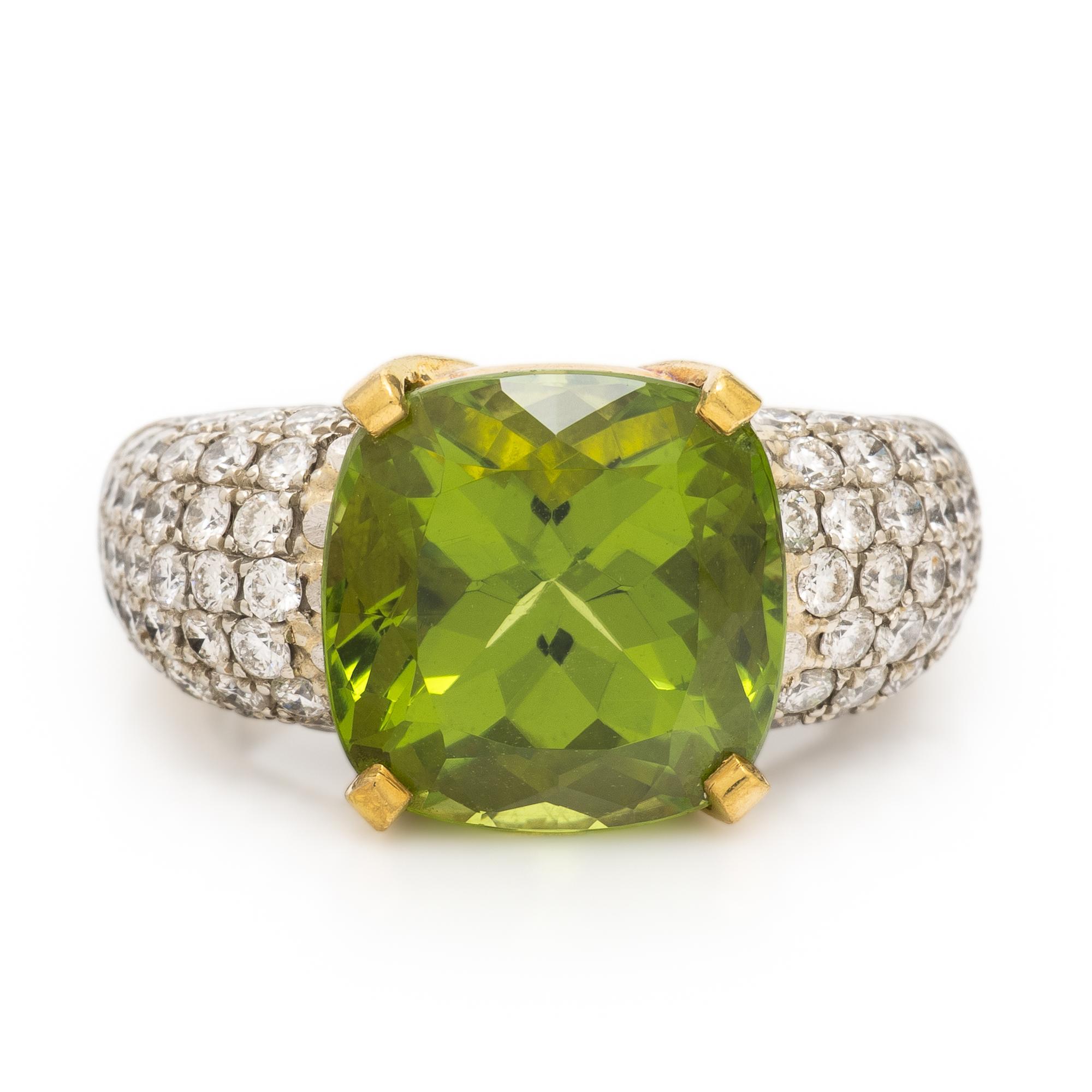 Peridot, Diamond, and White Gold Ring
