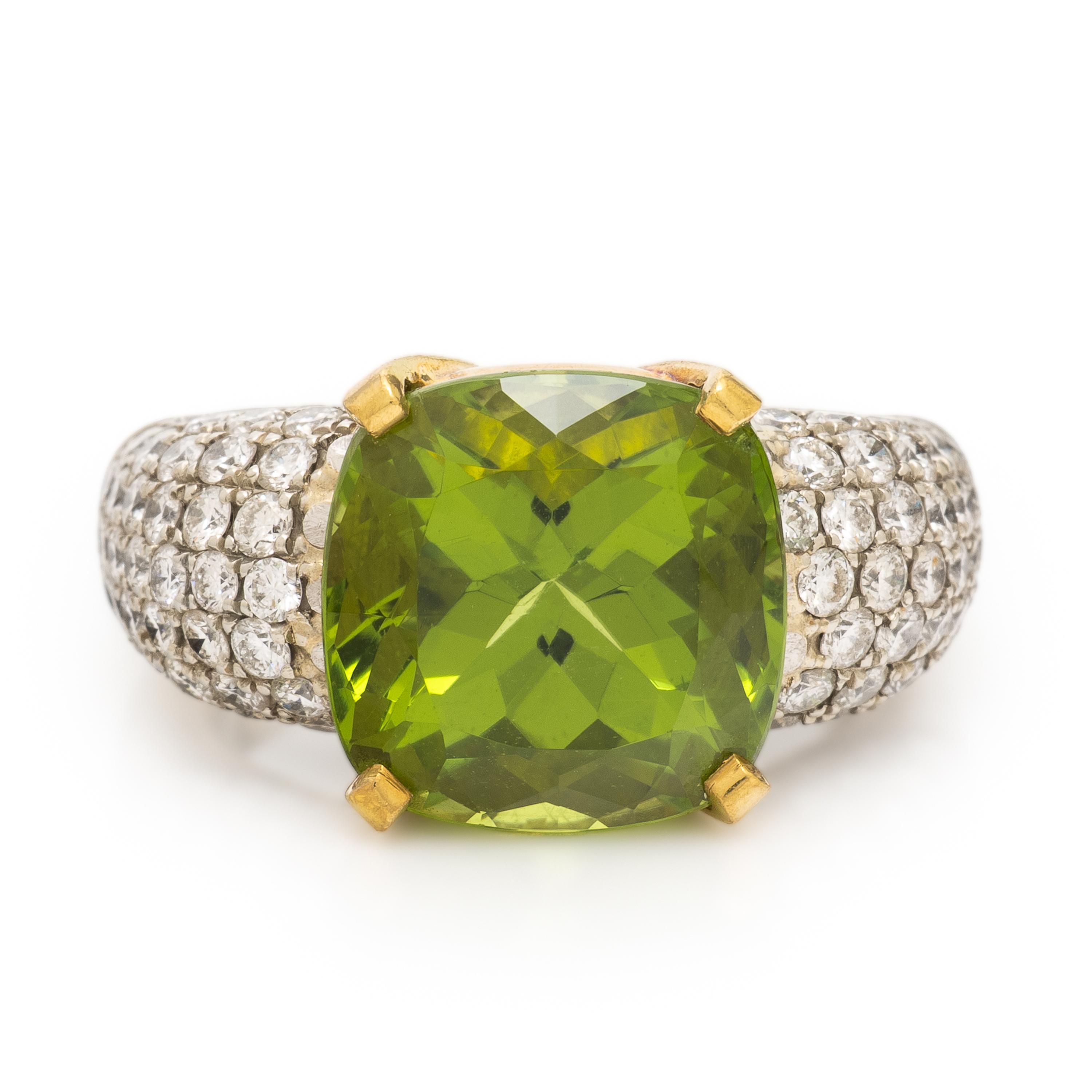 Peridot, Diamond, and White Gold Ring