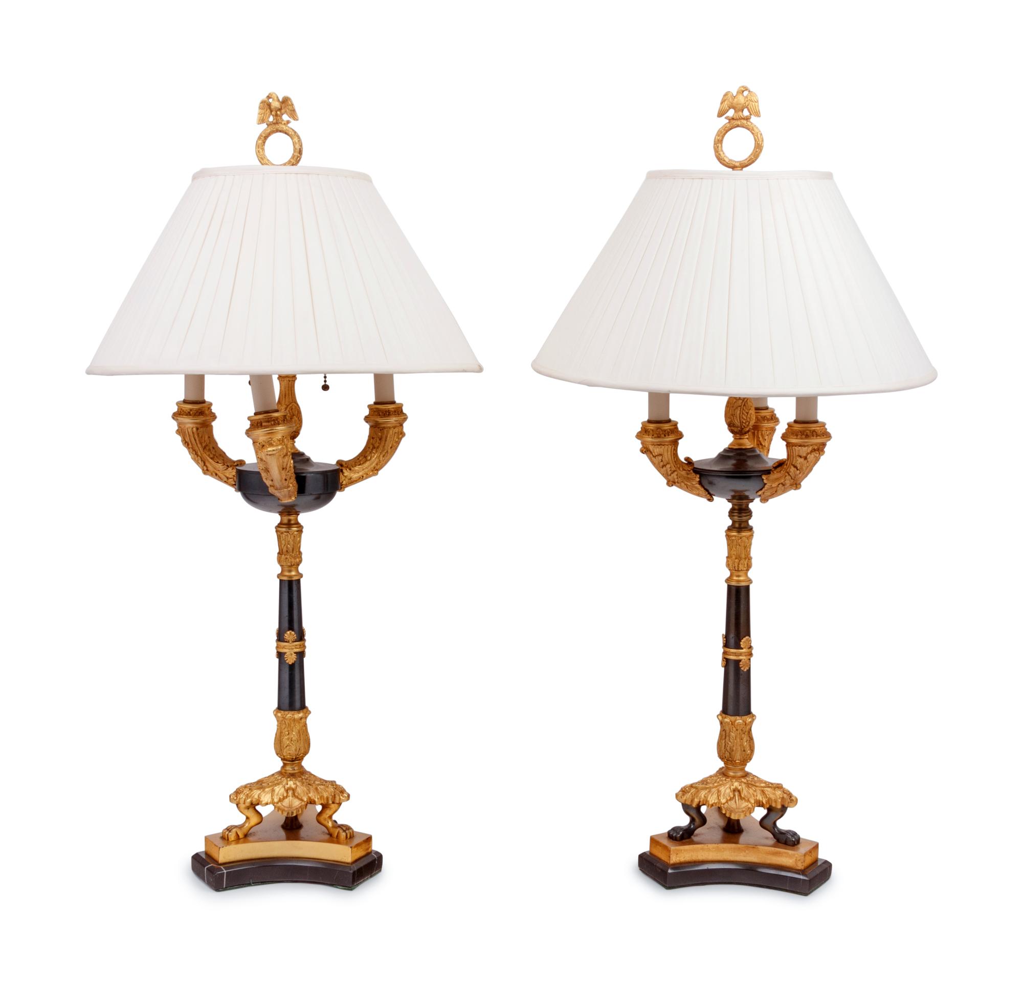 A Pair of Louis Philippe Style Gilt and Patinated Bronze Candelabra Mounted as Lamps