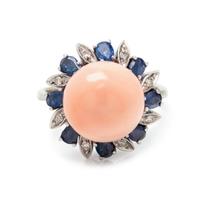 ANGEL SKIN CORAL, SAPPHIRE AND DIAMOND RING