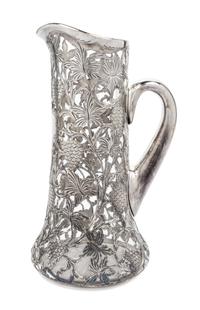 A Silver Overlay Glass Pitcher Height 11 1/4 inches.