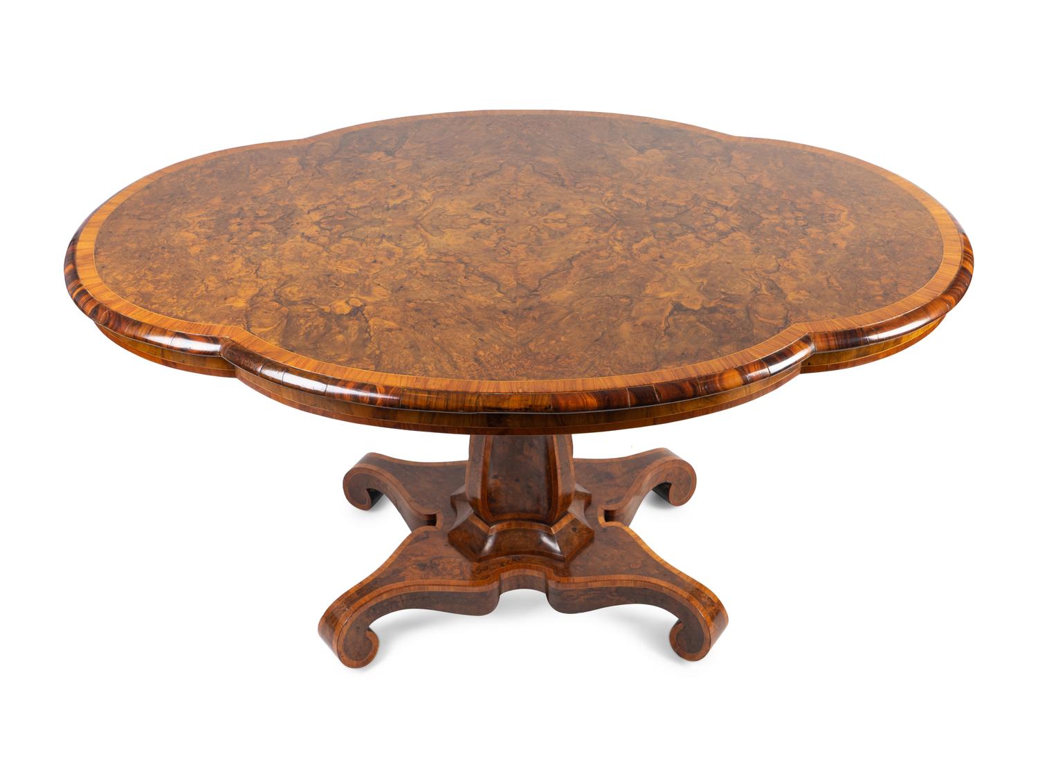 A Victorian Burl Wood and Satinwood Inlaid Turtle Top Parlor Table — 19TH CENTURY