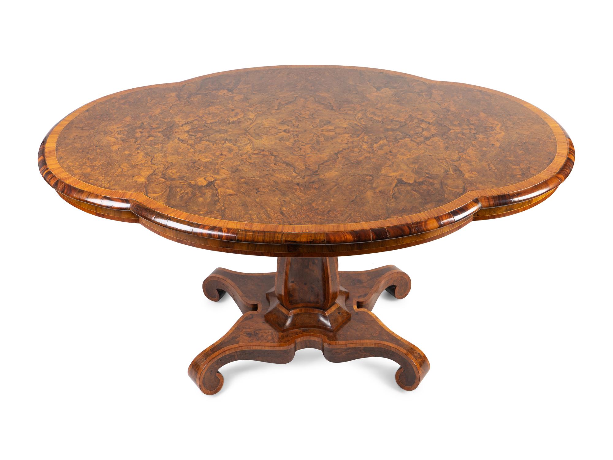 A Victorian Burl Wood and Satinwood Inlaid Turtle Top Parlor Table — 19TH CENTURY
