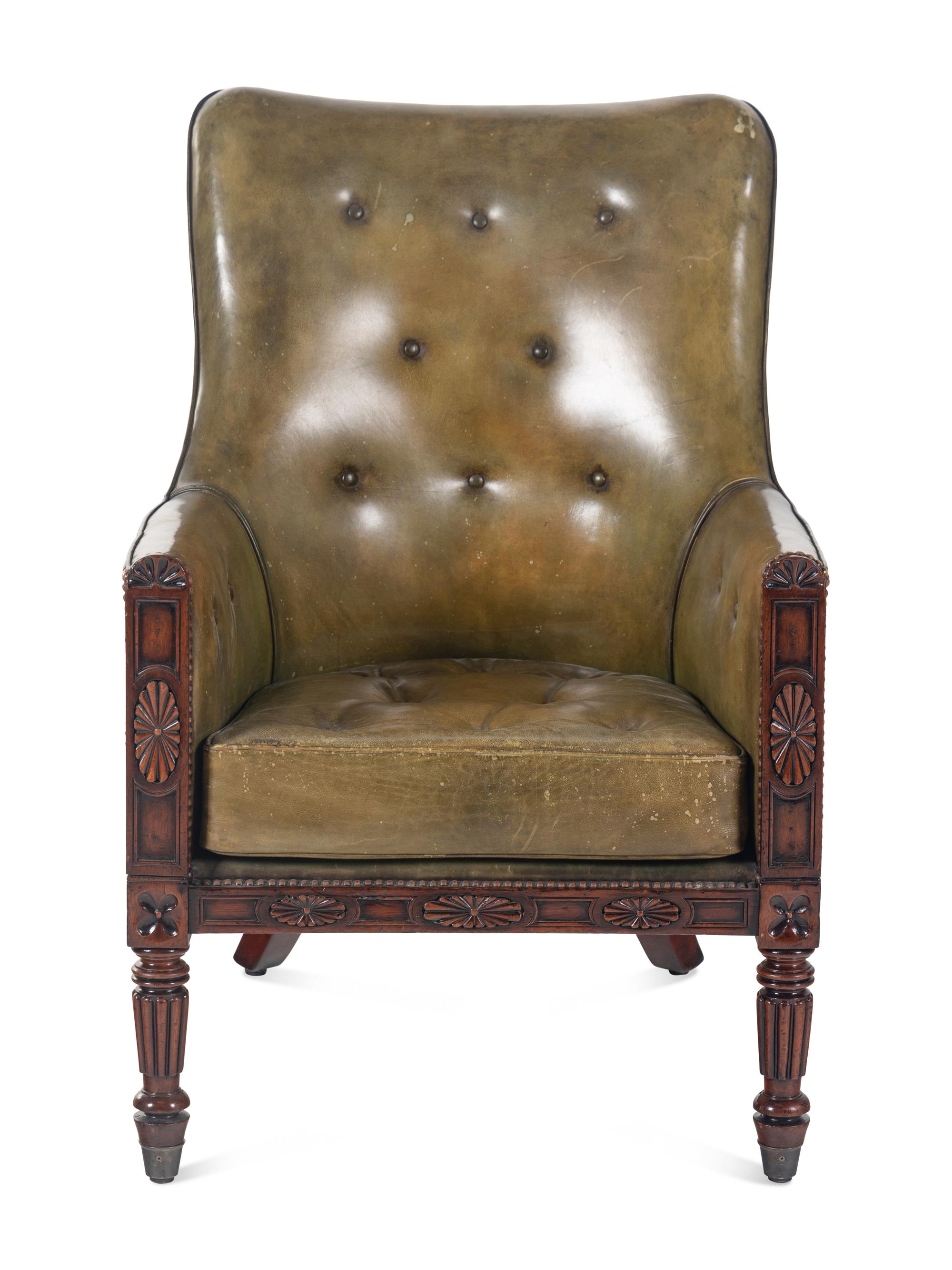 A Late William IV Mahogany Leather-Upholstered Armchair
