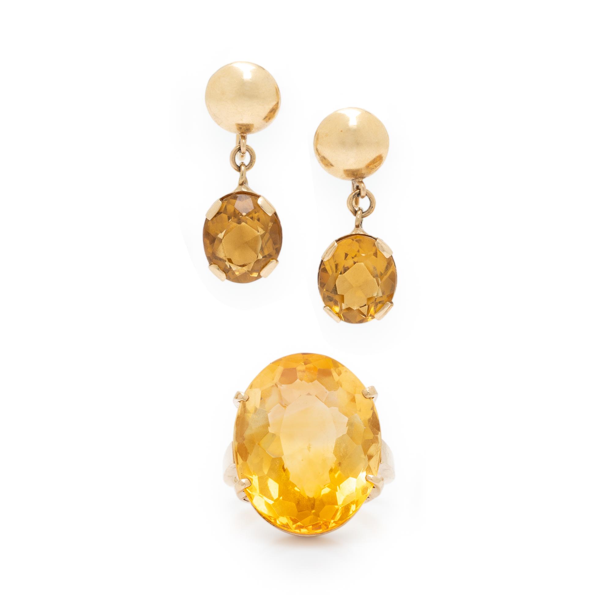 Yellow Gold and Citrine Ring and Earrings
