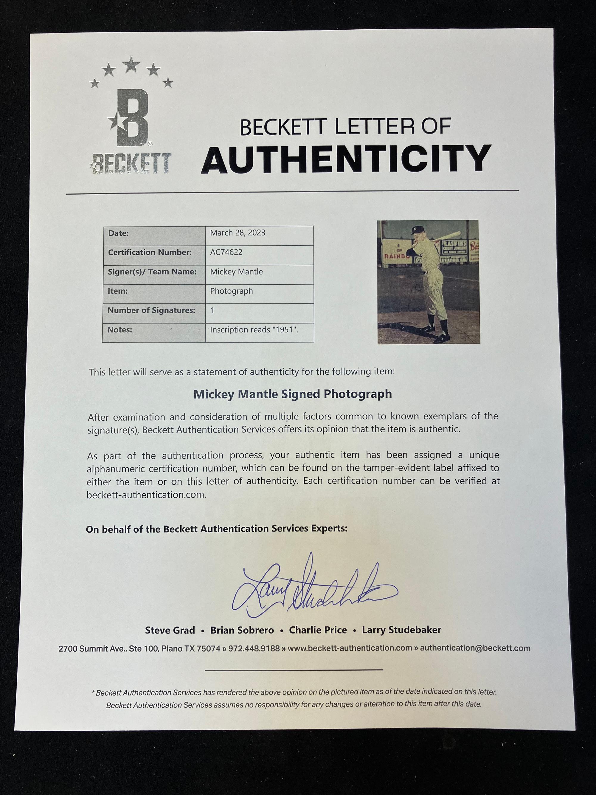 A Mickey Mantle Rookie Season Signed Autograph Photo Inscribed 1951 (Beckett Authentication Services Letter)