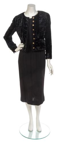 A Chanel Black Crushed Velvet Jacket and Wool Crepe Dress Ensemble, Jacket size 42, dress size 38.