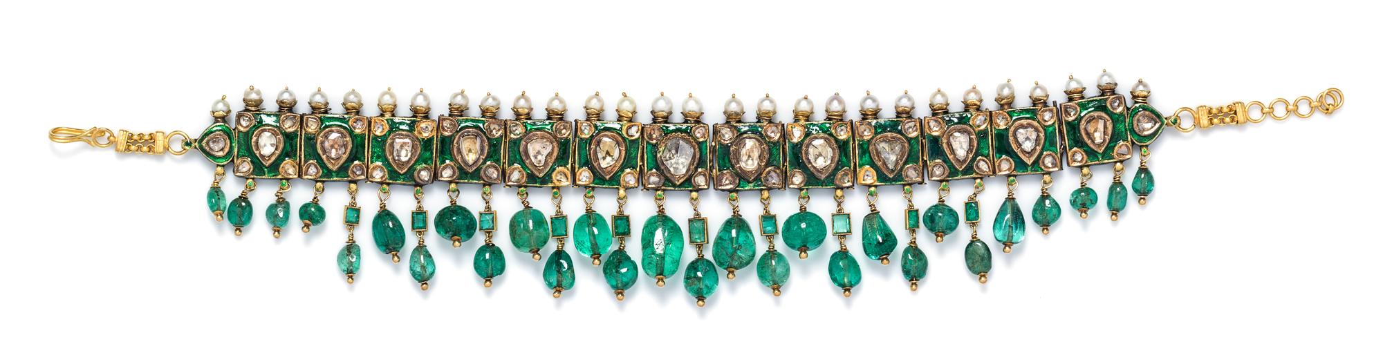 A Yellow Gold, Emerald, Diamond, Pearl and Polychrome Enamel Collar Necklace, Deccan, 105.50 dwts.
