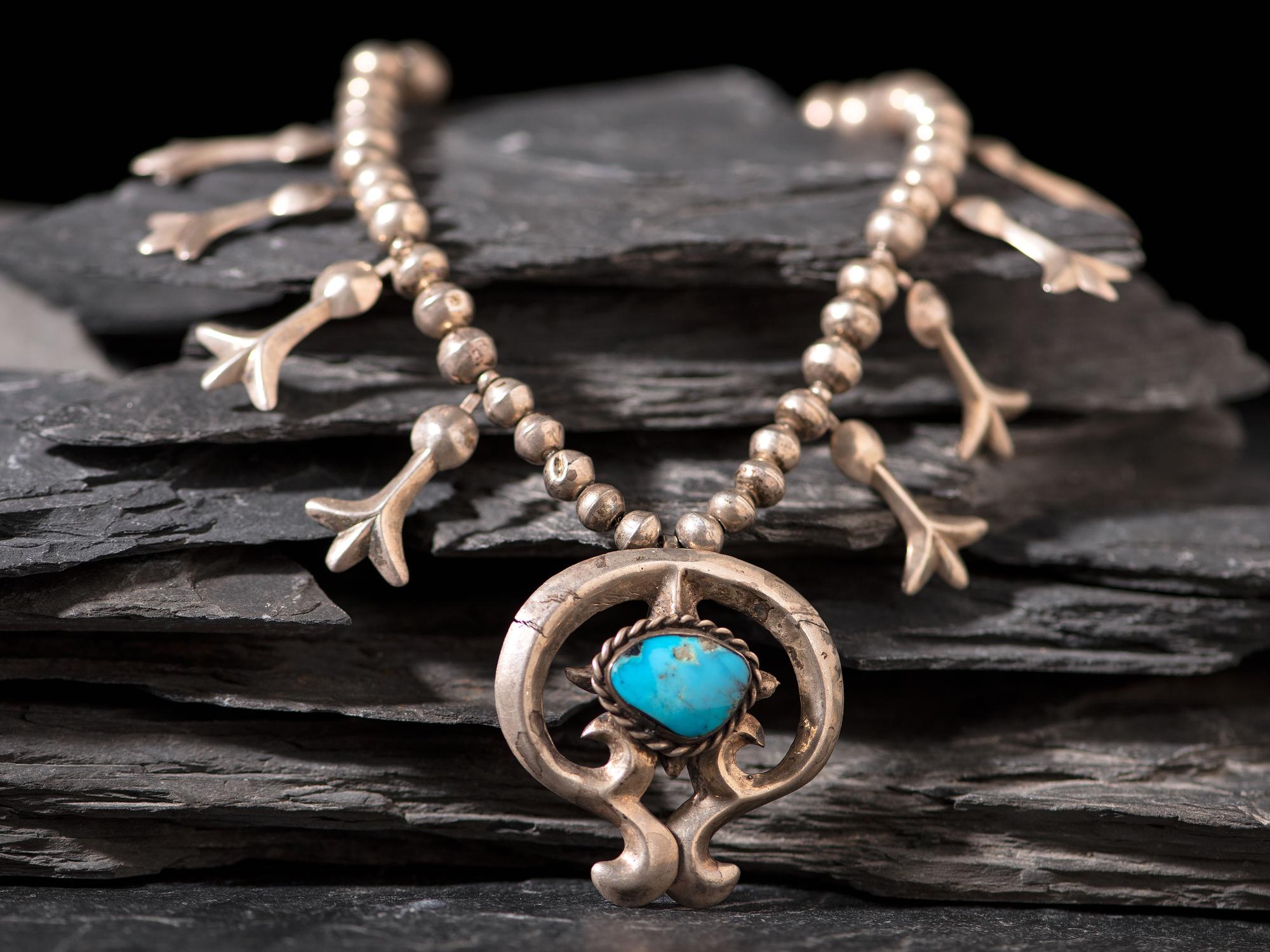 Navajo Silver and Turquoise Squash Blossom Necklace