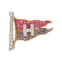 ANTIQUE, DIAMOND, RUBY AND SAPPHIRE FLAG BROOCH