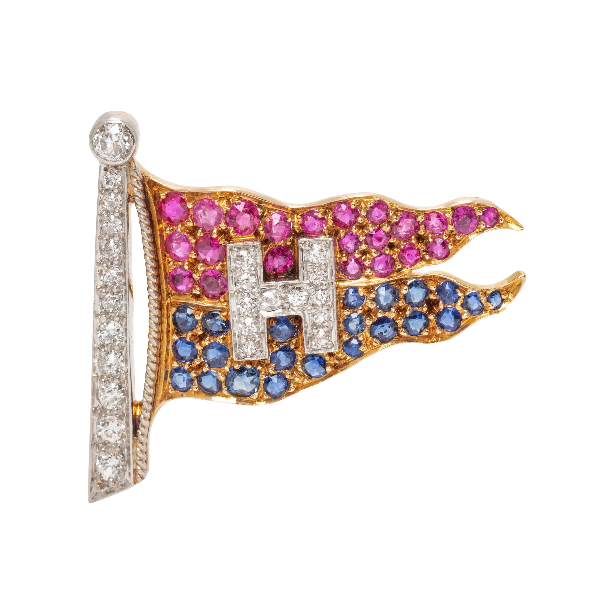 ANTIQUE, DIAMOND, RUBY AND SAPPHIRE FLAG BROOCH