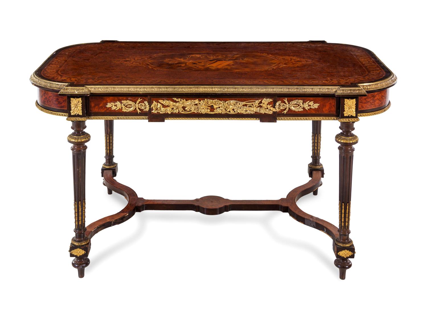 A Napoleon III Gilt Bronze Mounted Marquetry Parlor Table