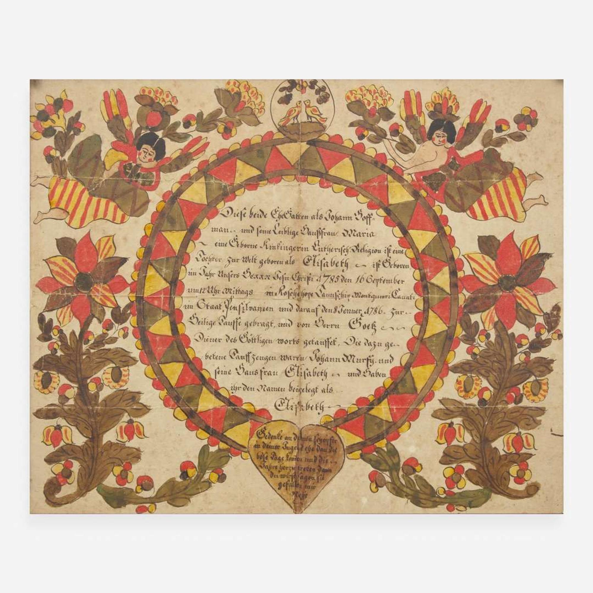 The Blowsy Angel Artist A Fraktur birth and baptism record for Elizabeth Hoff, dated "1785-1786"