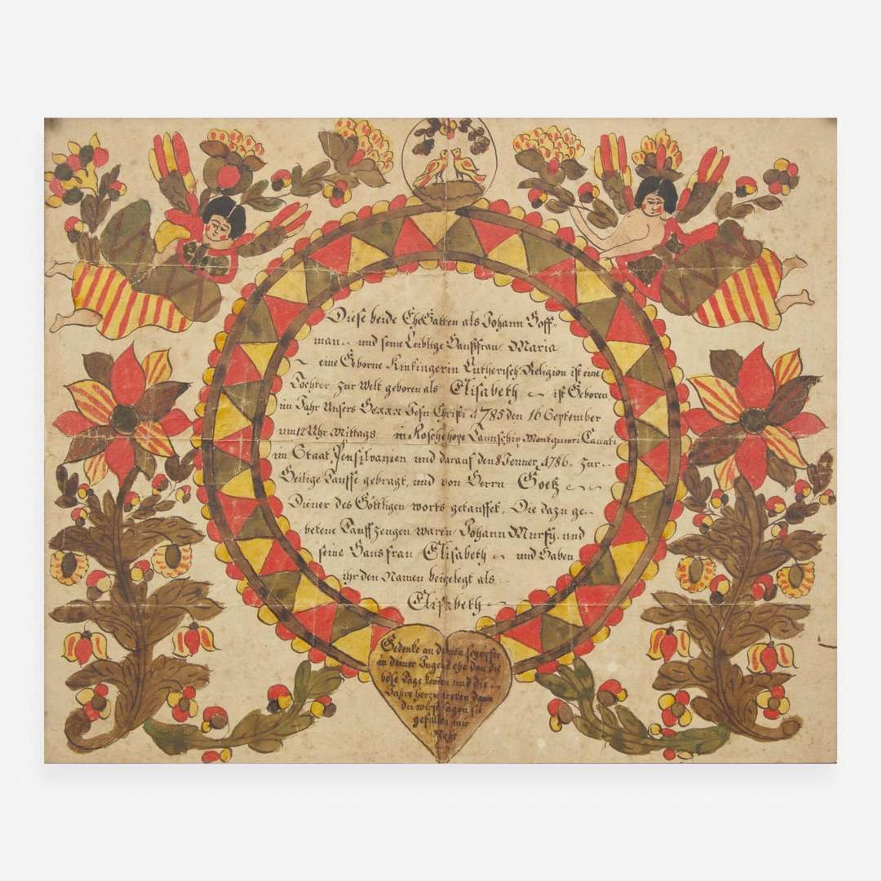 The Blowsy Angel Artist A Fraktur birth and baptism record for Elizabeth Hoff, dated "1785-1786"