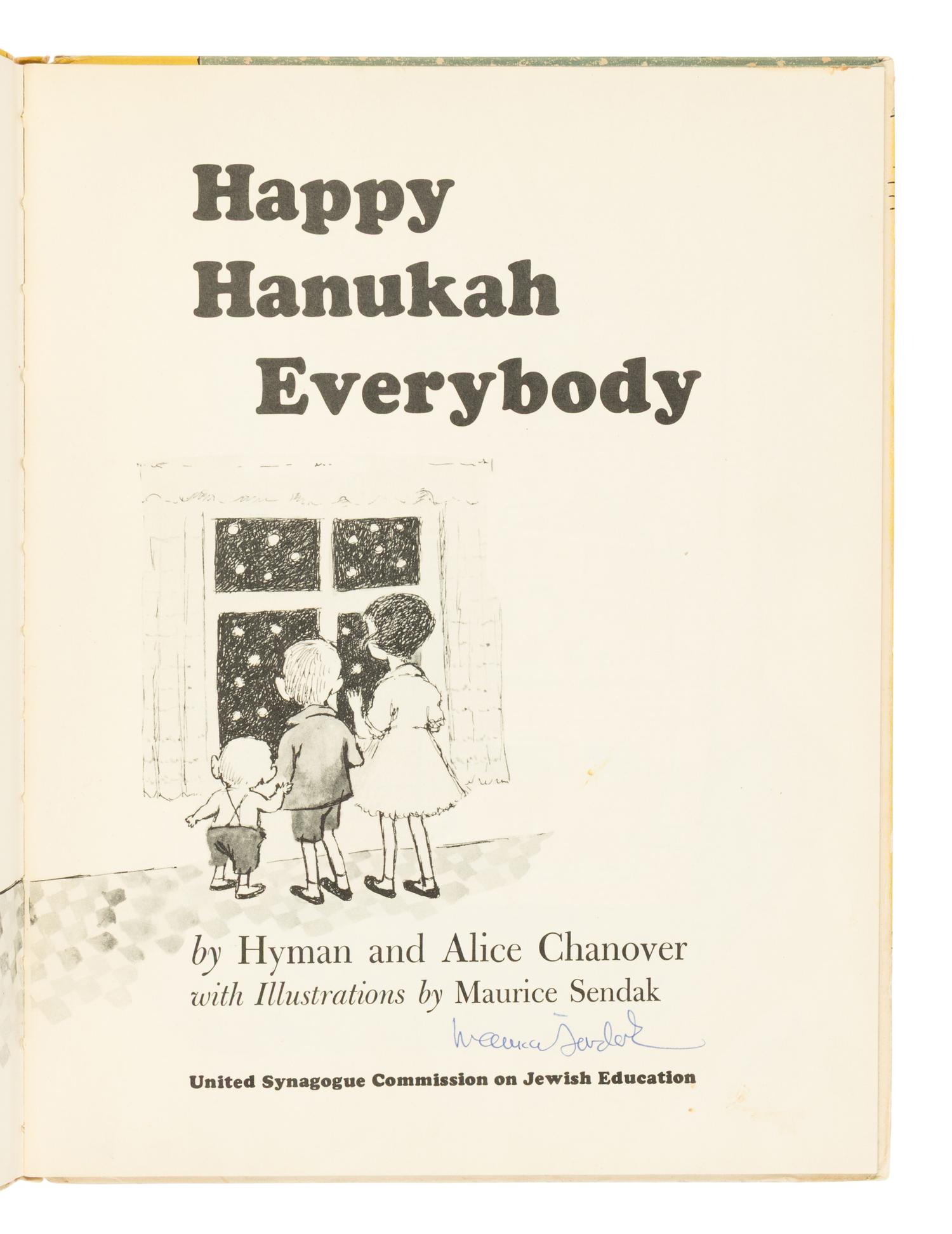 SENDAK, Maurice (1928-2012), illustrator. -- CHANOVER, Hyman and Alice. Happy Hanukah Everybody . New York: United Synagogue Commission on Jewish Education, 1955.