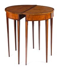 A Pair of Regency Satinwood and Mahogany Demilune Console Tables