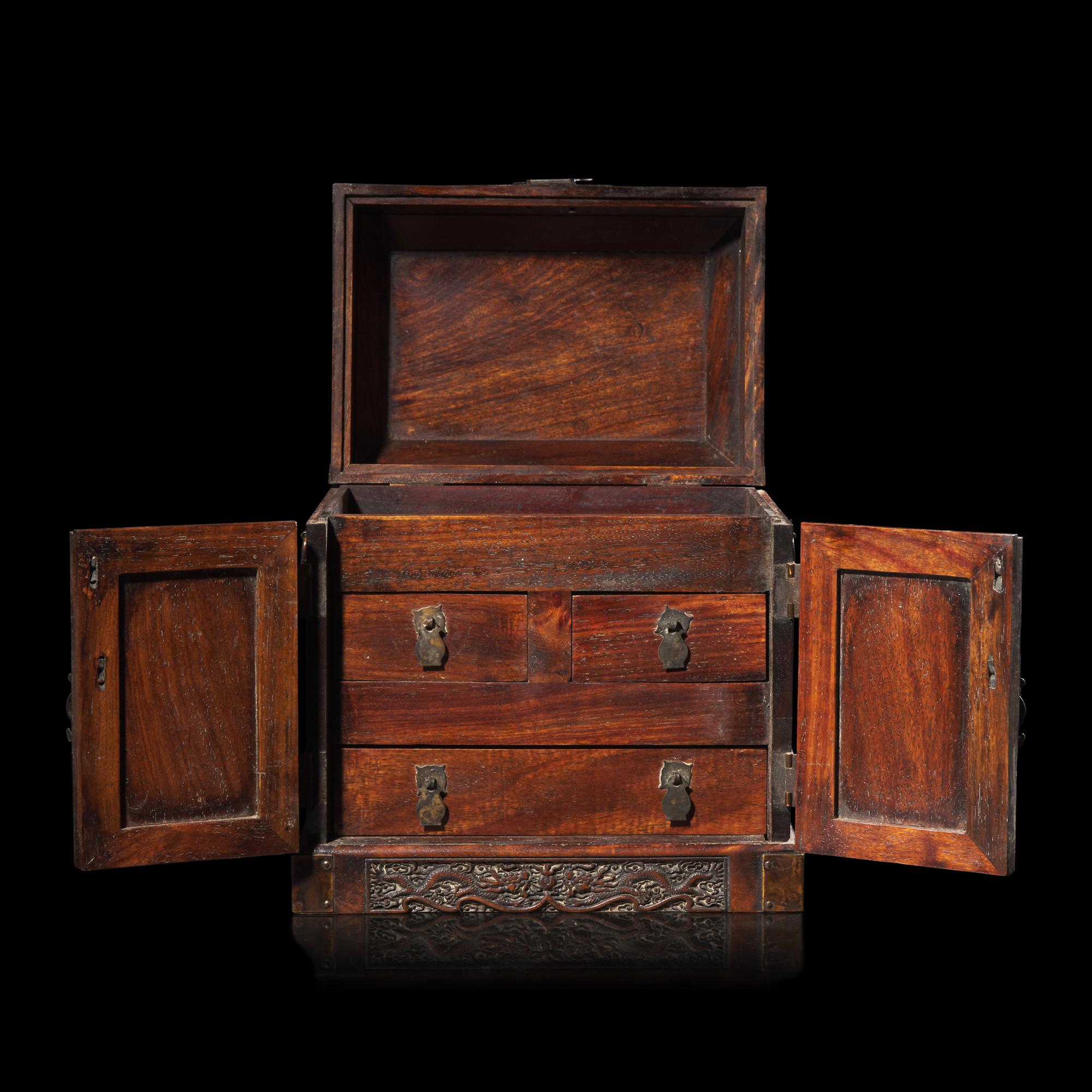 A Small Chinese Carved Hardwood Seal Chest 硬木雕雲龍紋官皮箱