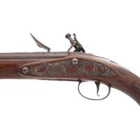 Pair of Silver Mounted English Flintlock Holster Pistols by Barbar