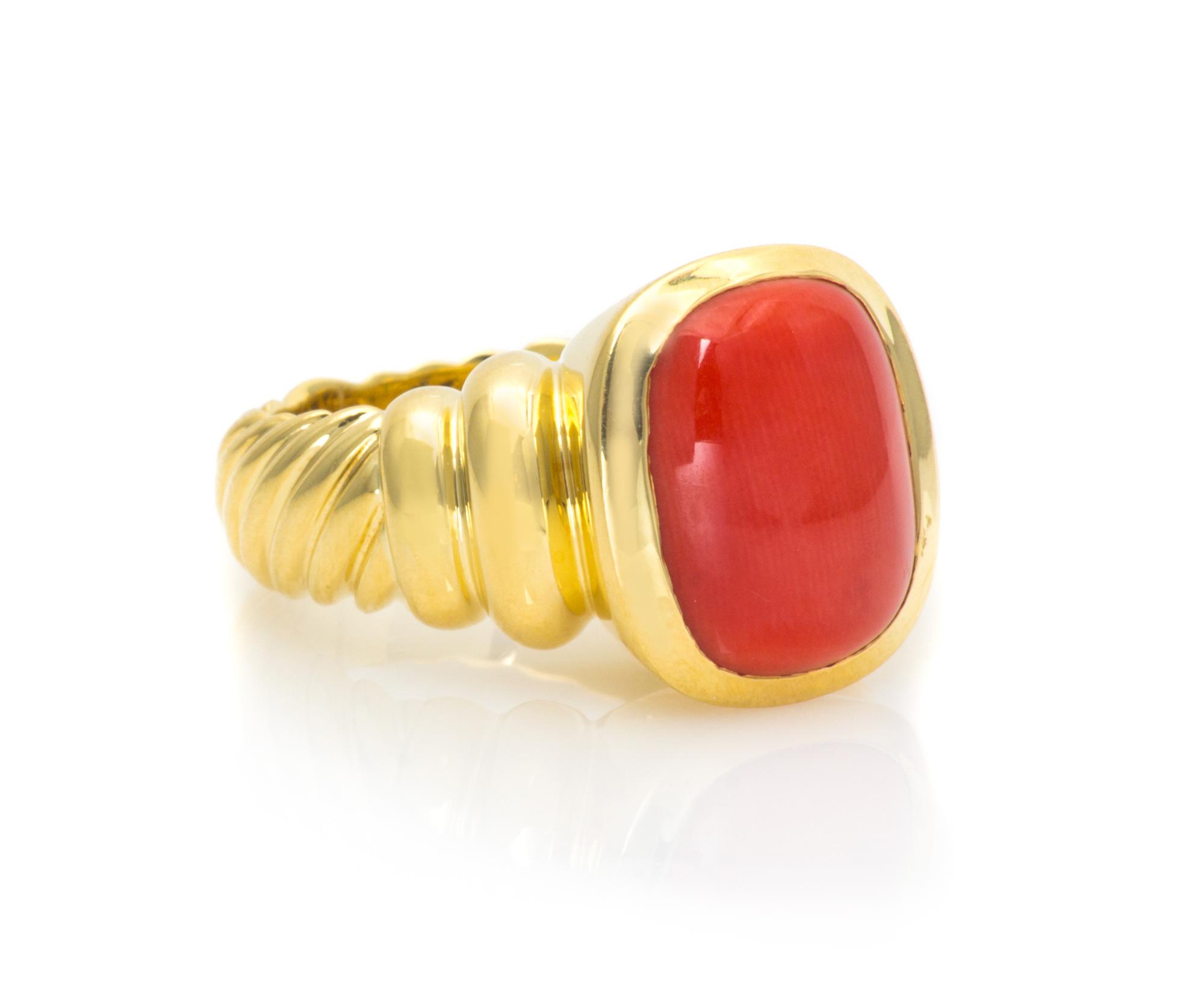 An 18 Karat Yellow Gold and Coral "Noblesse Cable" Ring, David Yurman, 12.00 dwts.