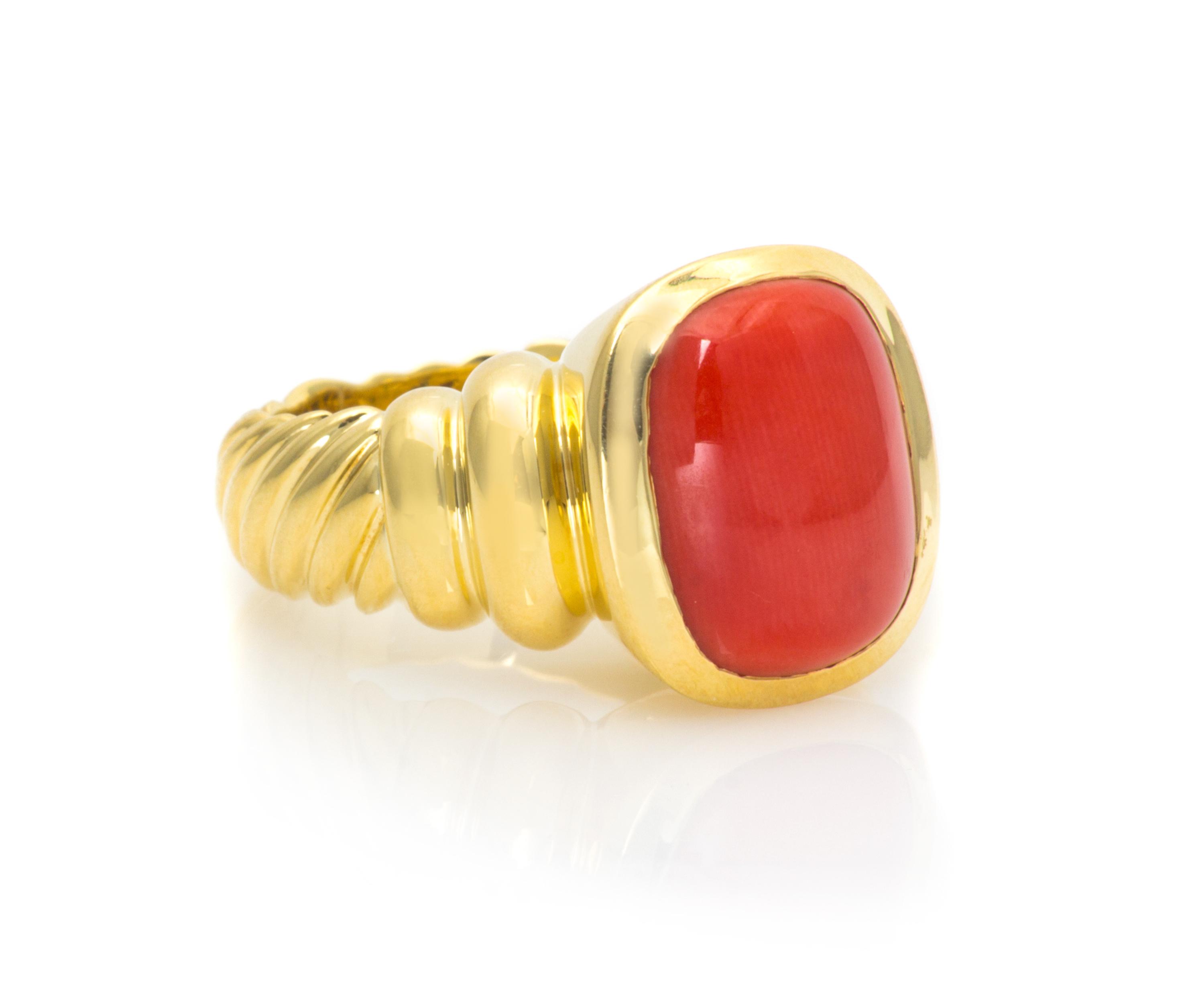An 18 Karat Yellow Gold and Coral "Noblesse Cable" Ring, David Yurman, 12.00 dwts.