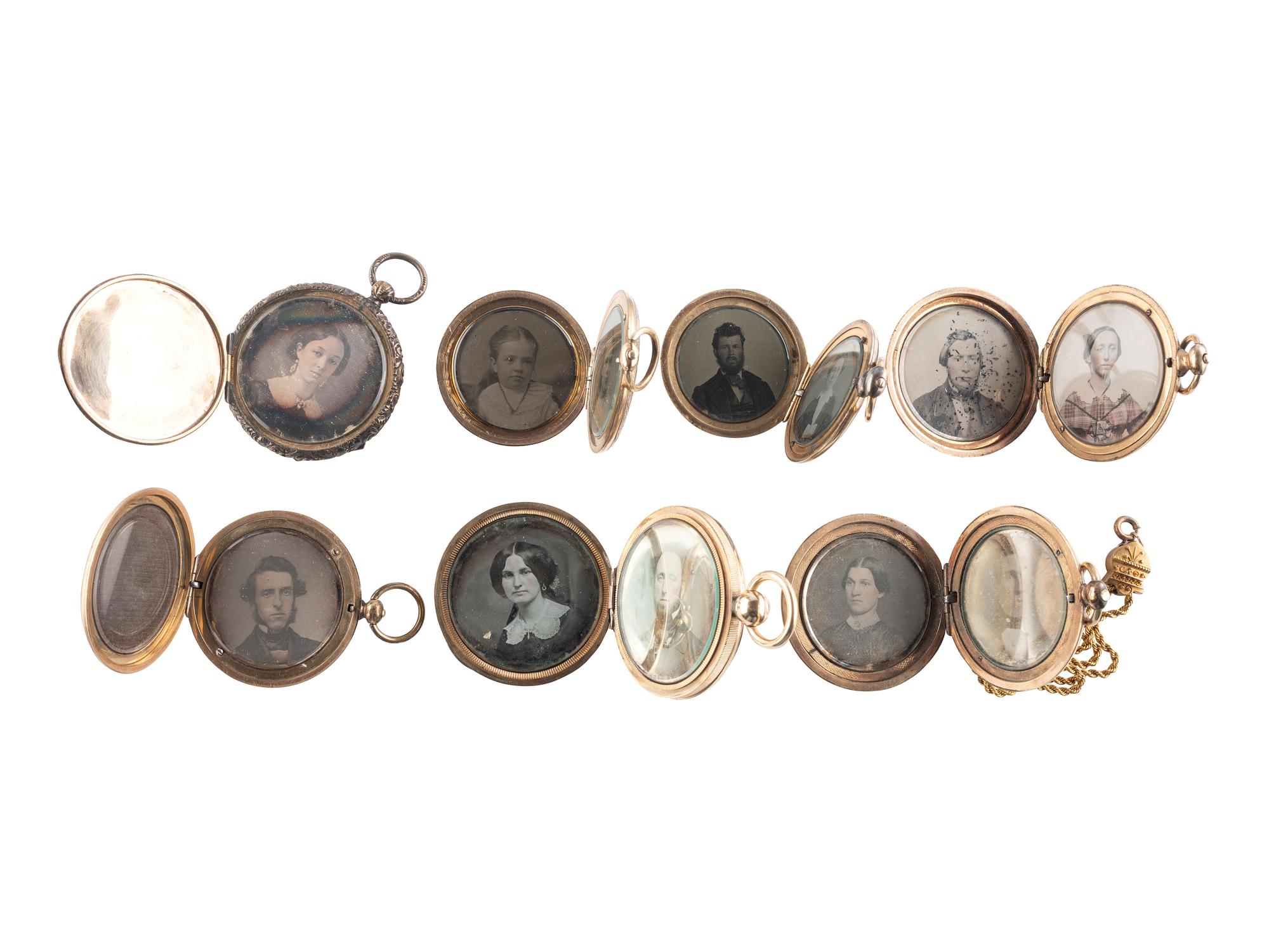 [EARLY PHOTOGRAPHY]. A group of 7 lockets containing 13 daguerreotype, ambrotype, and tintype portraits.