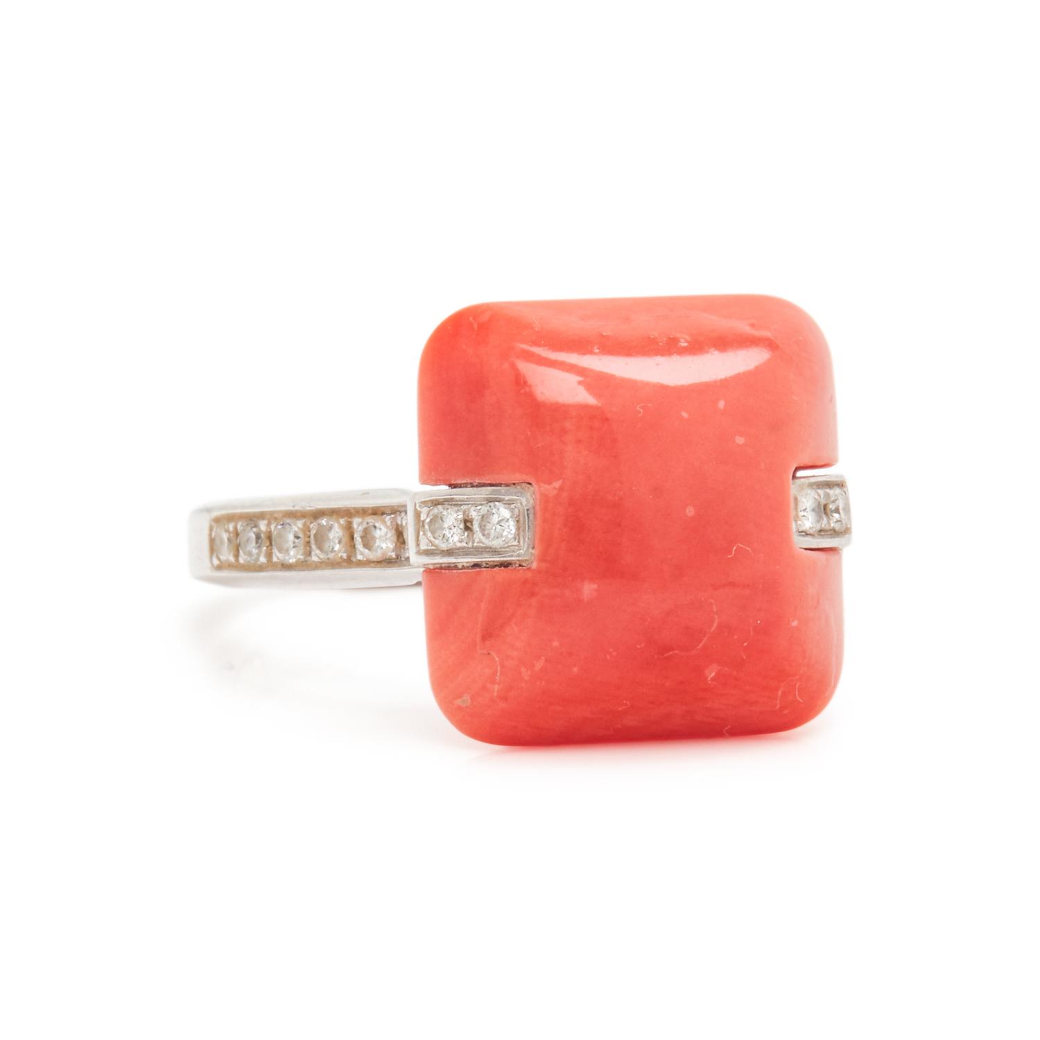 WHITE GOLD, CORAL AND DIAMOND SET