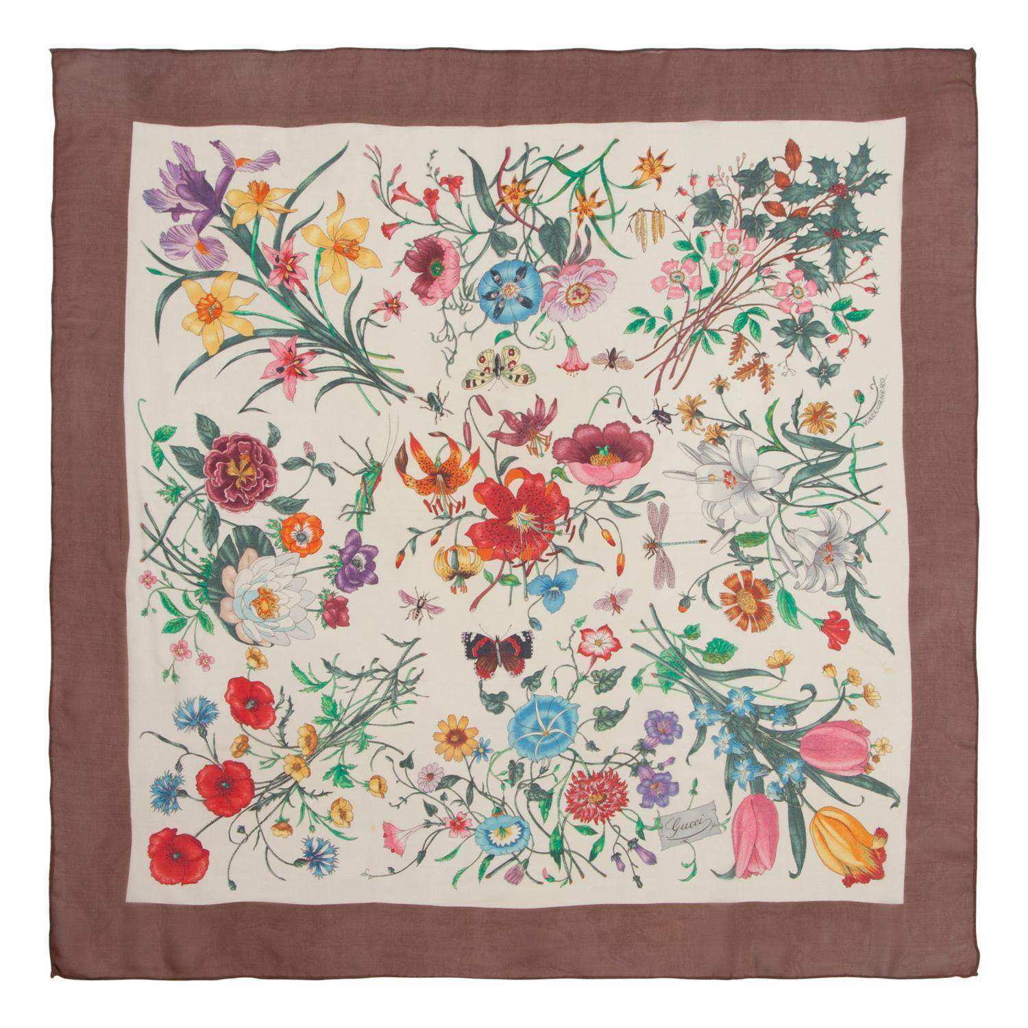 Five Designer Silk Scarves: Two Hermès, Gucci, Bottega Veneta, Pierre Cardin
